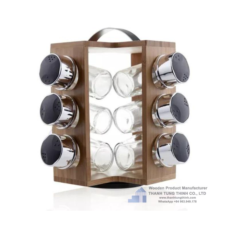 Rotating Wooden Spice Rack 6 Spice Jars